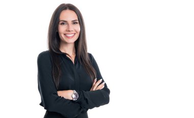 Mutlu kadın CEO beyaz arka planda izole edilmiş. Stüdyodaki beyaz kadın CEO. Profesyonel kadın CEO siyah giyiyor..