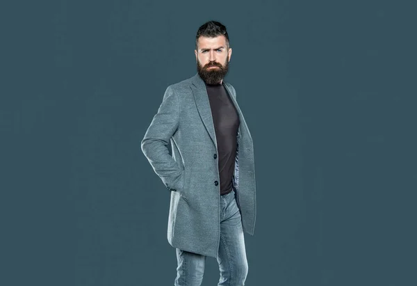 Bearded Mature Man Wear Casual Jacket Grey Background — Stock Photo, Image