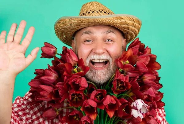快乐的退休老人头戴草帽 手持绿色背景的春天郁金香花 — 图库照片