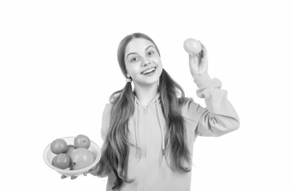 Criança Feliz Segurar Frutas Cítricas Limão Com Vitaminas Isoladas Branco — Fotografia de Stock