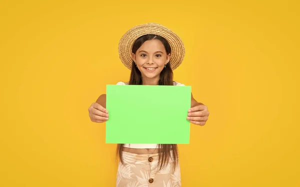 Happy Teen Girl Copy Space Green Paper Yellow Background — Photo