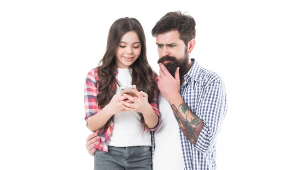 Family Serious Bearded Man Girl Child Text Message Mobile Phone — Fotografia de Stock