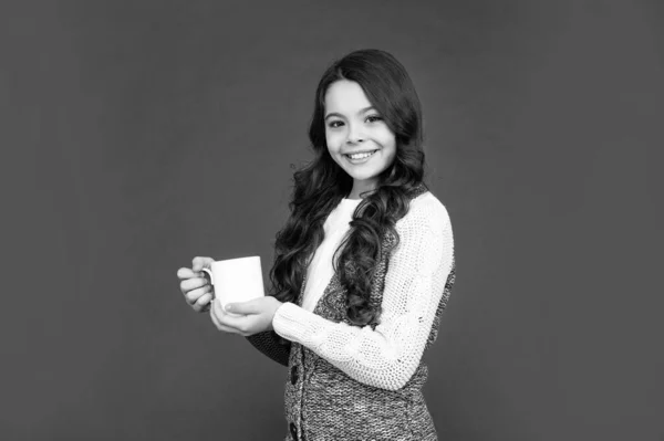 Positive Teen Girl Drink Warm Tea Red Background Portrait Child — Fotografia de Stock