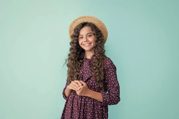 Smiling Child Straw Hat Long Brunette Curly Hair Blue Background — Foto Stock
