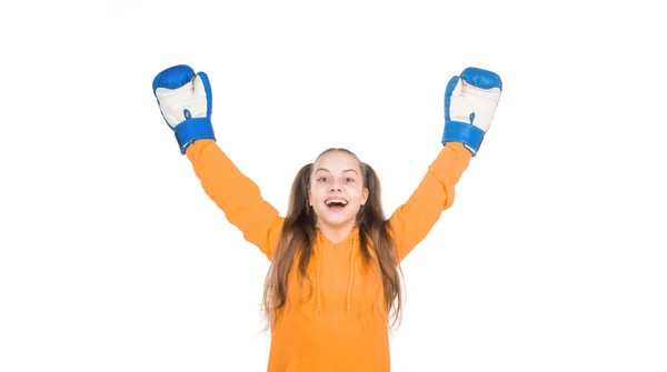 Oui Enfant Heureux Célébrer Victoire Vainqueur Combat Adolescente Gants Boxe — Photo