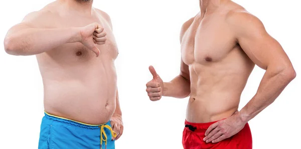 瘦身后肥胖前的特写比较独立于白种人 减肥后的肥胖前 在工作室的男人 瘦身后肥胖前男性的剪影 — 图库照片