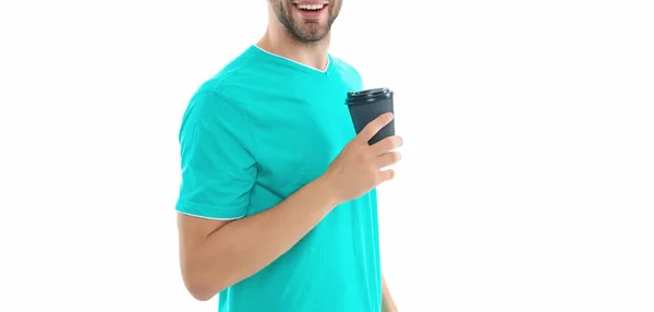 背景にコーヒーを飲んだ男 スタジオにコーヒーを持ってる男 コーヒーを飲みながら男の写真 白に隔離されたコーヒーを飲みながら — ストック写真