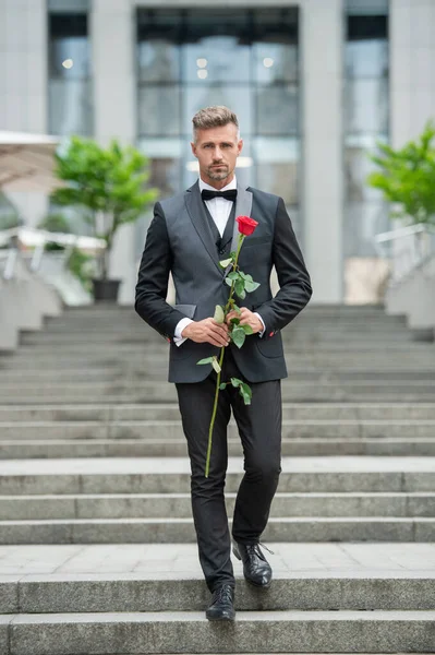 special occasion formalwear. elegant man with rose for special occasion. tuxedo man walk outdoor at special occasion.