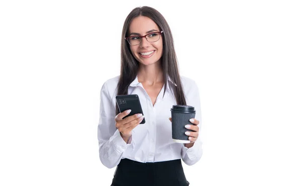 Feliz Mensajería Mujer Negocios Teléfono Aislado Blanco Mensajería Mujer Negocios — Foto de Stock