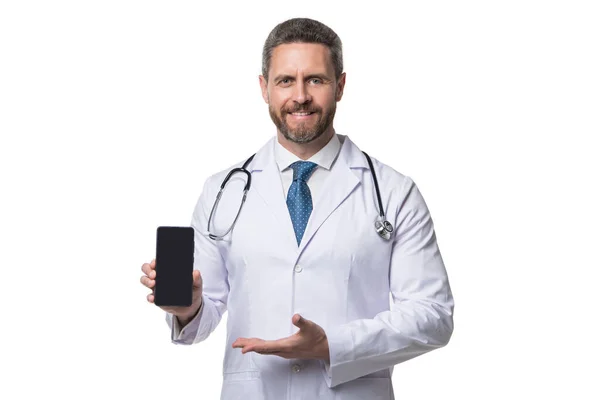 Medical Application Happy Man Doctor Presenting Medical Phone Application Emedicine — Stock Photo, Image