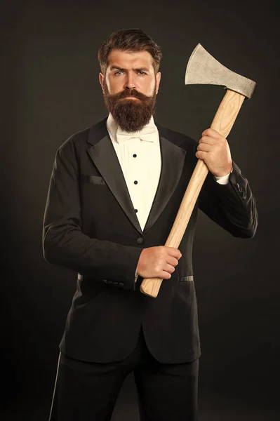 Looks Brutal Brutal Gentleman Holding Axe Bearded Man Dark Background — Stockfoto