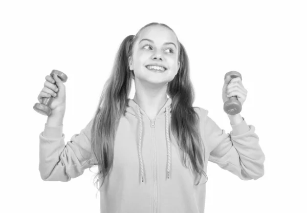 Glücklich Starkes Teenie Mädchen Training Mit Langhanteln Isoliert Auf Weiß — Stockfoto