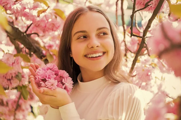 stock image glad kid at sakura flower bloom in spring.