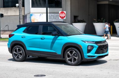 Miami Beach, Florida USA - April 15, 2021: blue chevrolet trailblazer RS suv vehicle, side view.