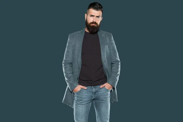 Elegant Bearded Mature Guy Wear Casual Grey Background — Stock Photo, Image