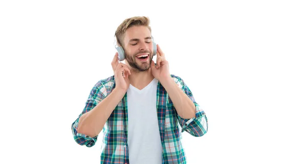 Szczęśliwy Człowiek Słucha Muzyki Odizolowanej Białym Człowiek Słuchać Muzyki Tle — Zdjęcie stockowe