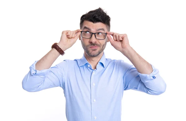 Denkender Mann Brille Isoliert Auf Weißem Hintergrund Denkender Mann Mit — Stockfoto