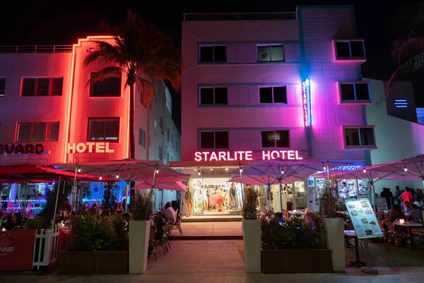 Stock image Miami, Florida USA - April 16, 2021: Miami south beach ocean drive illuminated architecture in night miami city with starlite hotel.