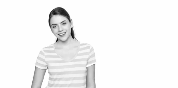 Feliz Chica Joven Verano Camiseta Rayas Aislada Sobre Fondo Blanco —  Fotos de Stock