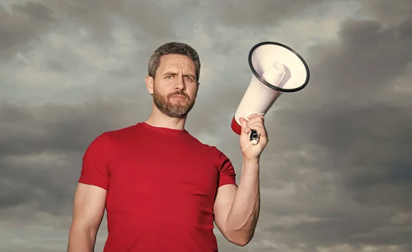 Man Red Shirt Hold Loudspeaker Sky Background — Photo