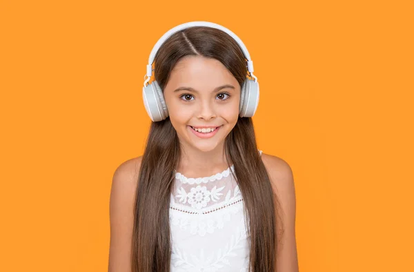 Portrait Happy Teen Girl Listen Music Headphones Yellow Background — Stockfoto