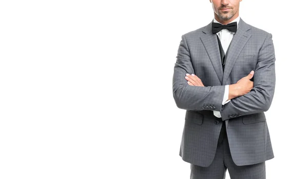 Człowiek Muszce Niebieskim Garniturze Biznesmen Odizolowany Białym Dżentelmen Formalnym Ubraniu — Zdjęcie stockowe