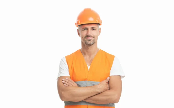 Man Worker White Studio Man Worker Helmet Background Photo Man — Stock Photo, Image
