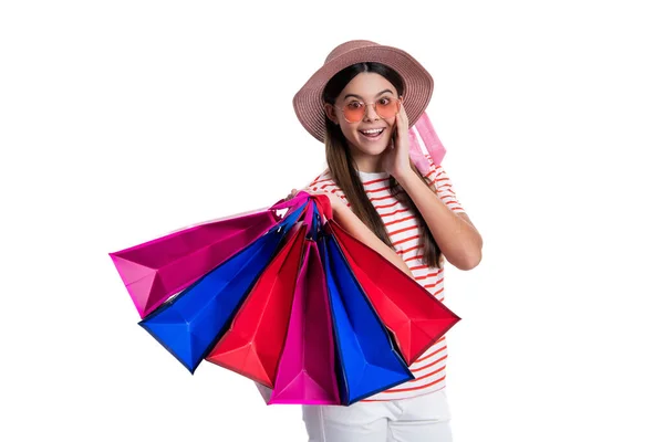 Glad Chockad Tonåring Flicka Shopping Försäljning Studio Foto Tonåring Flicka — Stockfoto