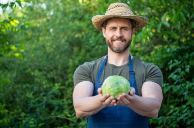 Hasır şapkalı manav ve lahana sebzeli. Boşluğu kopyala.