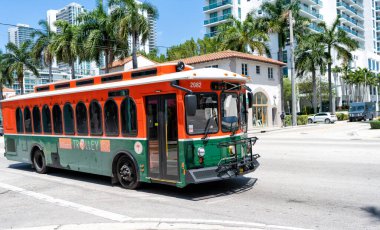 Miami Beach, Florida USA - April 15, 2021: miami trylley bus public transportation.