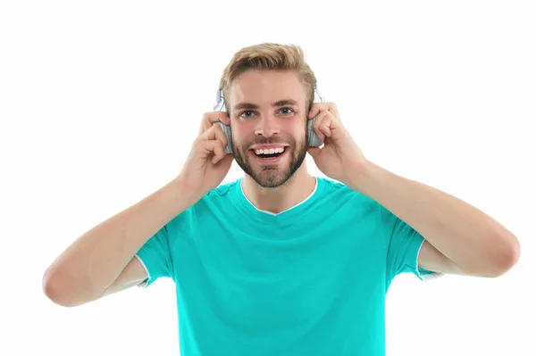 Φωτογραφία Του Χαμογελαστού Άνδρα Χιλιετή Ακουστικά Χιλιετή Ακουστικά Απομονωμένα Στο — Φωτογραφία Αρχείου