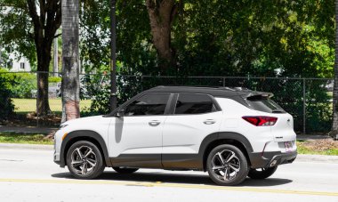 Miami Beach, Florida USA - April 15, 2021: blue chevrolet trailblazer RS crossover car, side view.