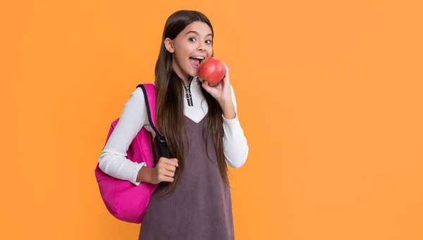 Amazed Child School Backpack Apple Yellow Background — Stock Fotó