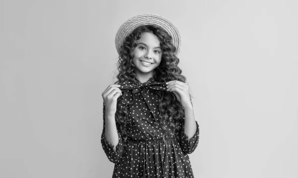 Glad Child Straw Hat Long Brunette Curly Hair Blue Background — стоковое фото