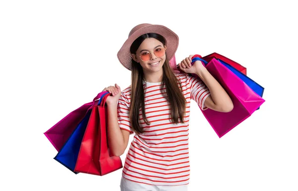 Sorridente Ragazza Adolescente Alla Vendita Shopping Isolato Bianco Teen Girl — Foto Stock