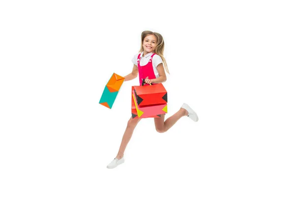 Pozitivní Teen Dívka Skákání Nakupování Studiu Dospívající Dívka Skákání Nakupování — Stock fotografie