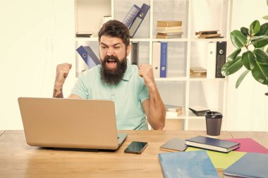 Excited businessman celebrating victory looking in laptop at office desk, business success.
