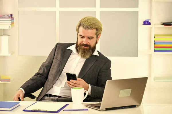 Bearded Man Sitting Desk Office Confident Brutal Businessman Elegant Businessman — Stockfoto