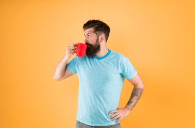 Hipster 'ın zevkleri ve estetiği. Enerji konsepti. Hipster barista sarı arka plan. Kahve dükkanı. Sakallı adam sabah kahvesini içer. Çay zamanı. Doğru oranda sütle birlikte Cortado. Kahve devrimi.