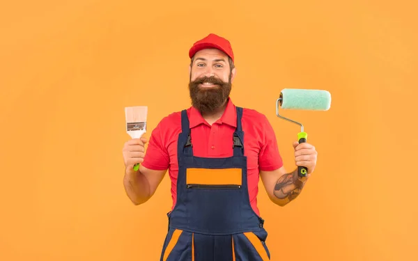 Happy Bearded Man Renovator Work Clothes Hold Paint Roller Brush — Stock Photo, Image