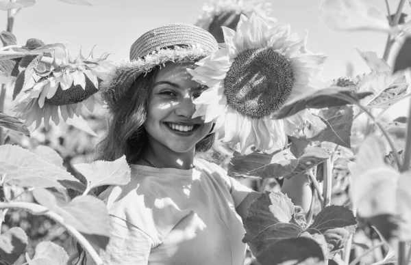 stock image Girl having fun between sunflowers blue sky background, cheerful smile.