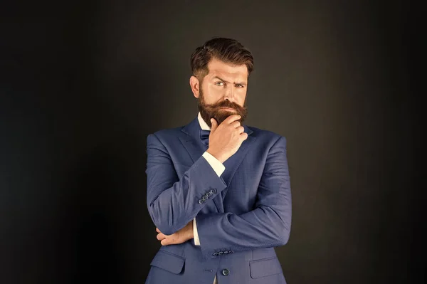 Pondering Serious Man Tuxedo Bow Tie Waiter Formalwear Black Background — стоковое фото