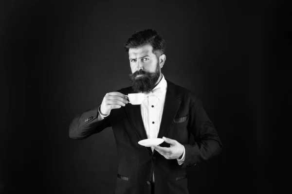 Man Tuxedo Bow Tie Coffee Cup Gentleman Formalwear Drink Coffee — Zdjęcie stockowe