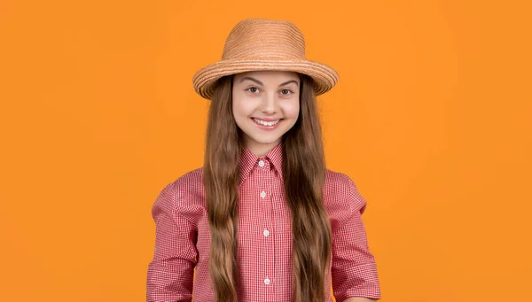 Happy Teen Child Straw Hat Yellow Background — Stock Photo, Image