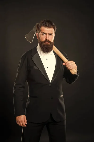 Well Bearded Moustached Bearded Man Carry Hatchet Axe Shave Haircut — Stockfoto