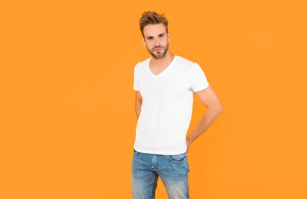 Handsome Man Shirt Yellow Background Mens Beauty — стоковое фото