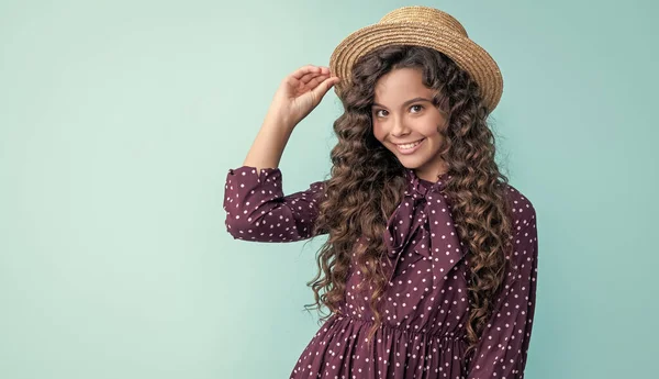 Smiling Kid Straw Hat Long Brunette Curly Hair Blue Background — Foto de Stock
