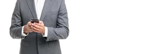 Uomo Ritagliato Blu Cravatta Cravatta Chat Sul Telefono Isolato Bianco — Foto Stock