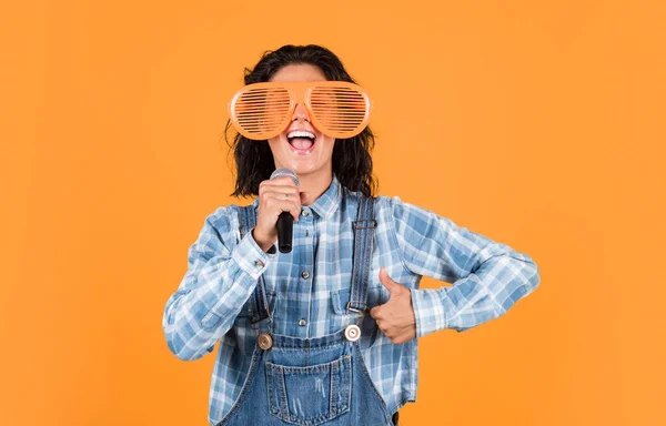 Feel Success Have Fun Celebration Woman Singing Microphone Karaoke Young —  Fotos de Stock