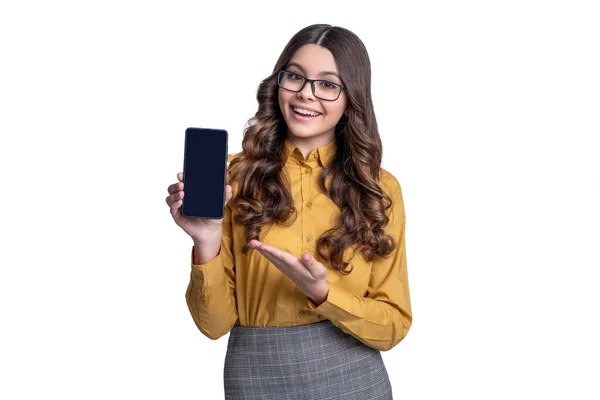 Tini Lány Bemutató Telefon App Elszigetelt Fehér Reklám Tini Lány — Stock Fotó